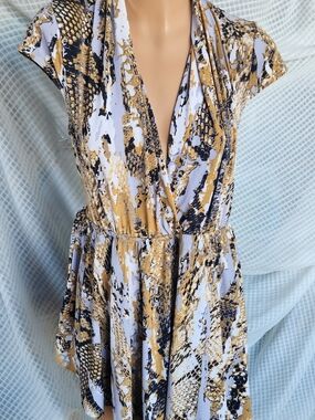 V-Neck Wrap ROMPER with Abstract Snake Print in White, Gold & Black